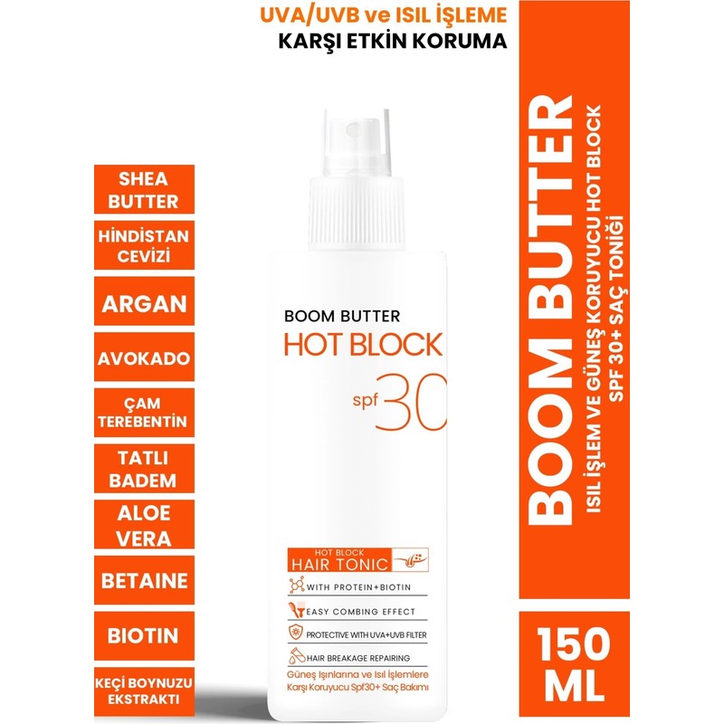 Boom Butter Hot Block Isıl İşlem ve Güneş Koruyucu Saç Toniği 150 ml UVA/UVB Koruma Özelliği