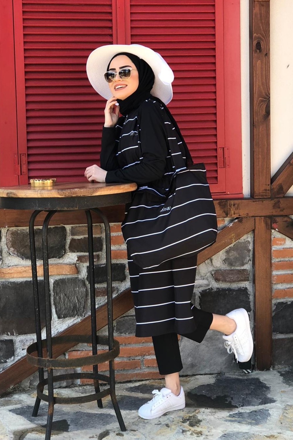Minel Kadın Çizgili Tam Kapalı Tesettür Mayo 2'li Set Siyah