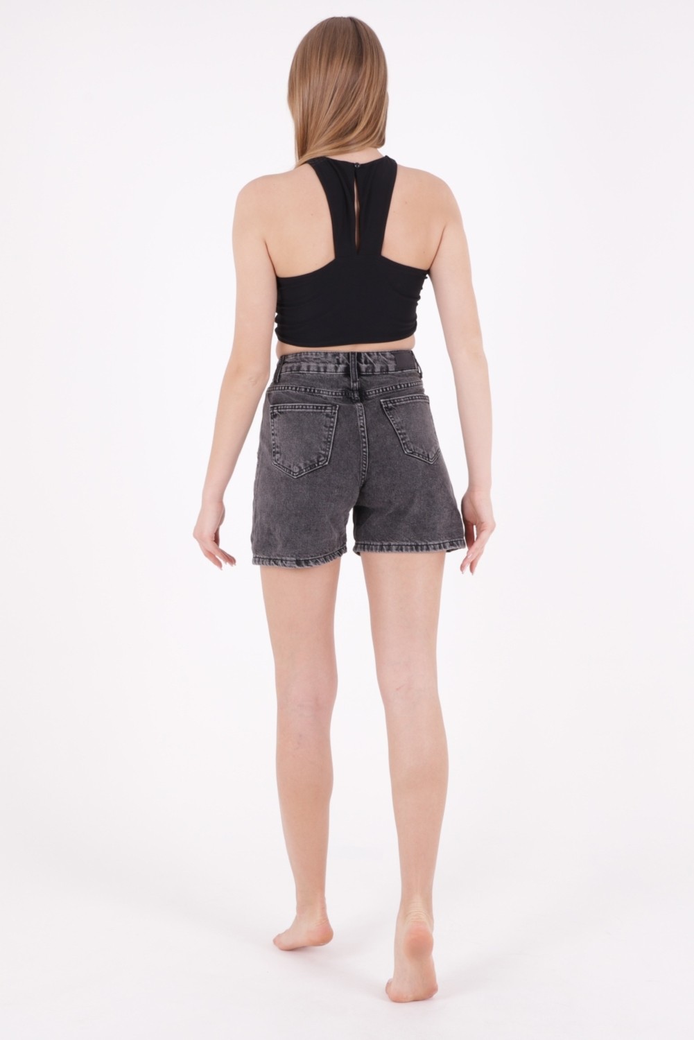 Richmost Paçaları Çift Katlı Cepli ve Astarsız Mom Fit Kadın Kısa Kot Şort Kar Antrasit Denim görsel 8