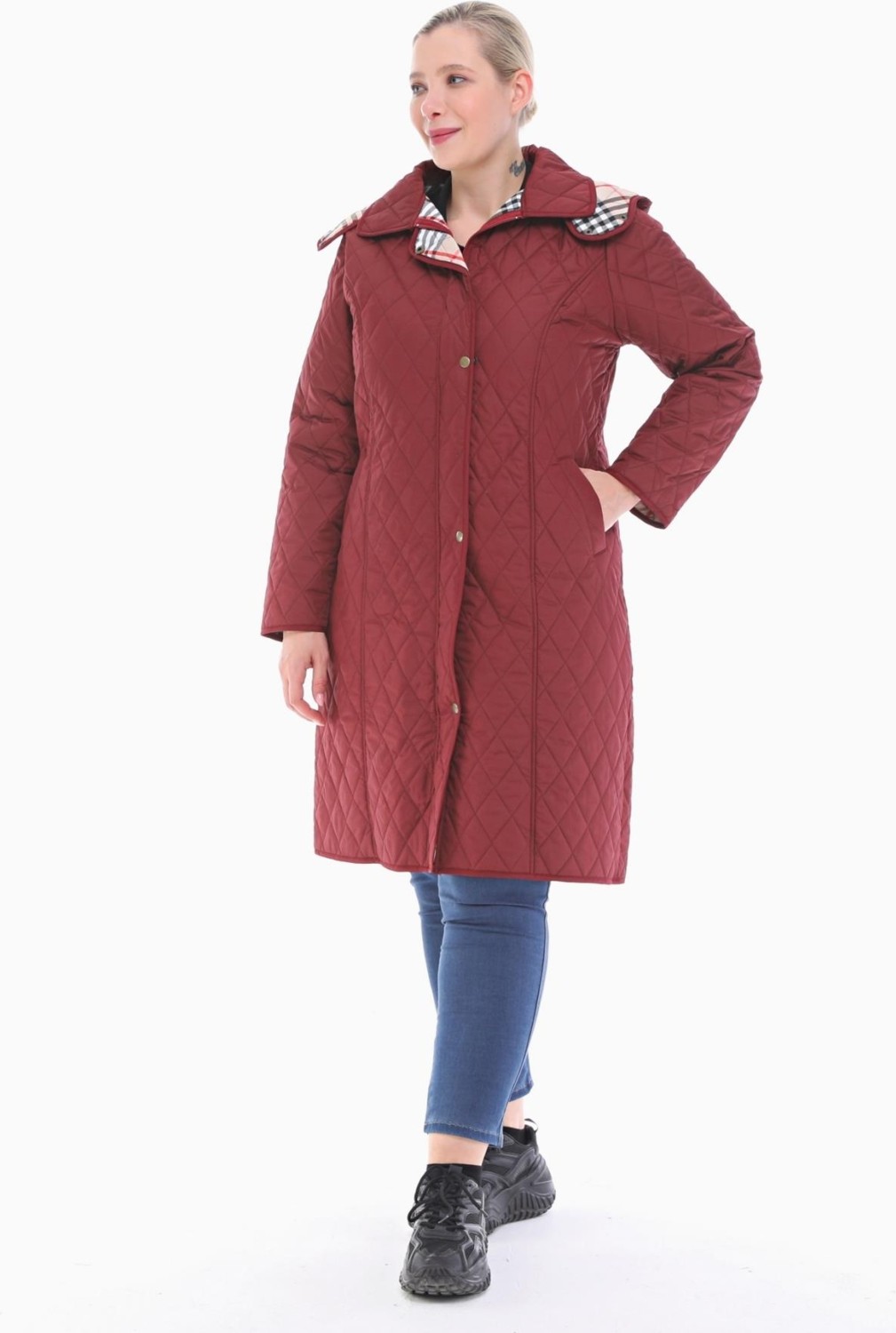 Vetre Kadın Büyük Beden Ekose 105 Cm Mevsimlik Bordo Kapitone Mont 1044 görsel 6