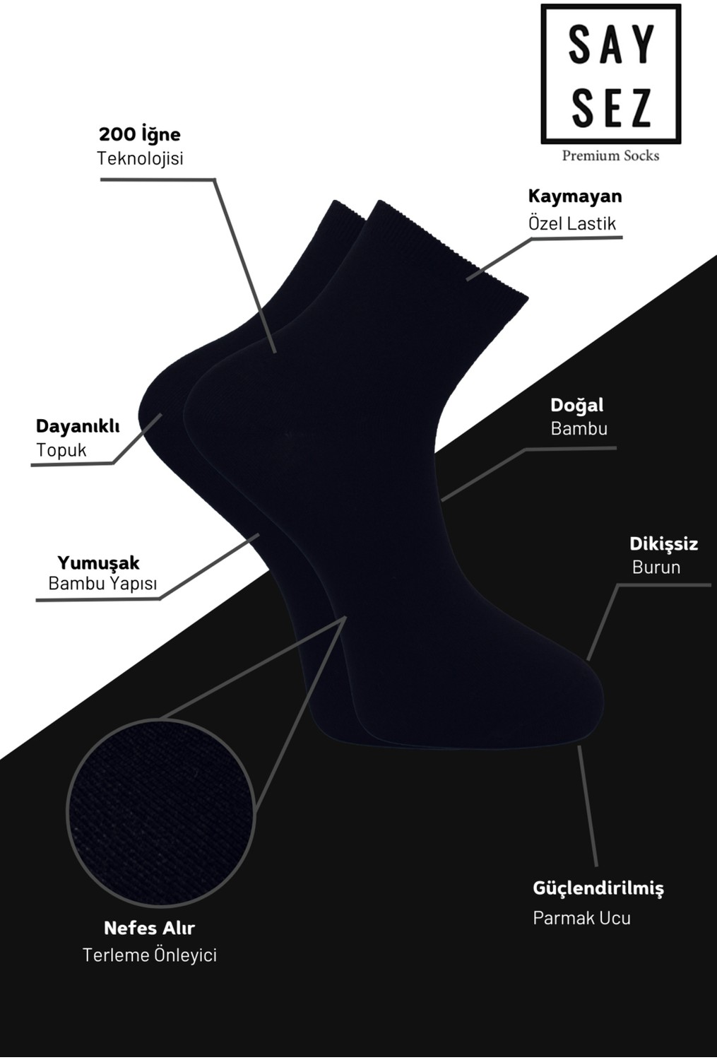 Saysez Bambu Erkek Yarım Konç Düz Siyah Çorap Dikişsiz Premium Kutulu 5'li görsel 6