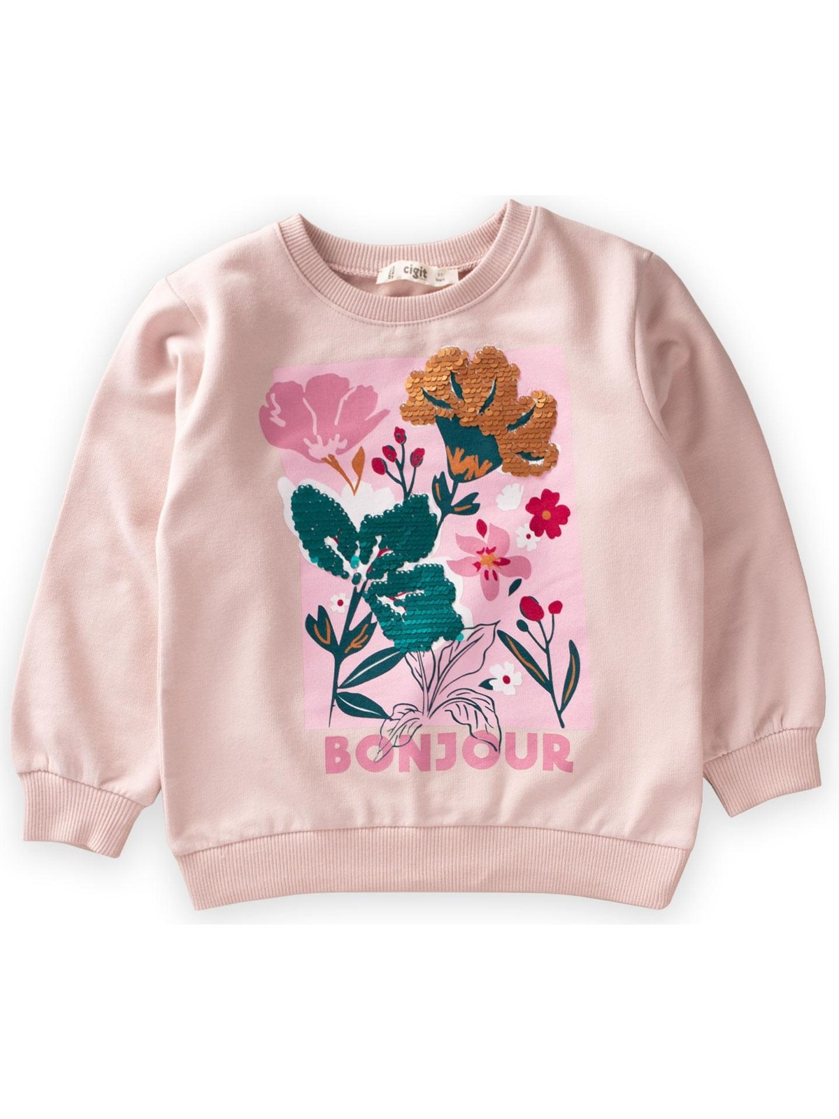 Cigit Çiçek Baskılı Pullu Sweatshirt 1-10 Yaş Pudra