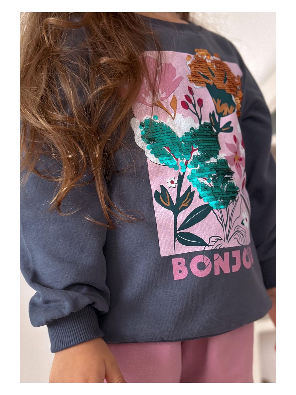 Cigit Çiçek Basdkılı Pullu Sweatshirt 1-10 Yaş Lacivert