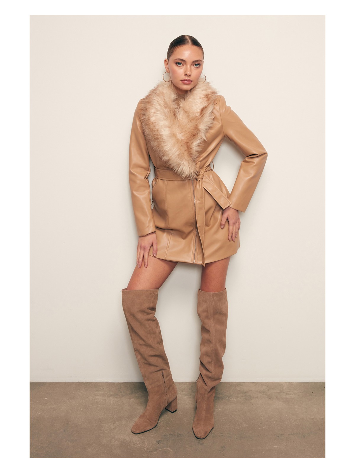 Sateen Kürk Detaylı Deri Ceket - Taş - Görsel 4