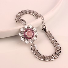 CLG Silver 925 Ayar Gümüş Çicek Motif Pembe Kuvars Taşlı Başak Bileklik