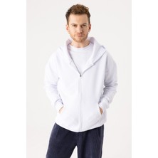 Gothamvibes Erkek Oversize Fermuarlı Kapüşonlu Beyaz Sweatshirt