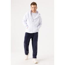 Gothamvibes Erkek Oversize Fermuarlı Kapüşonlu Beyaz Sweatshirt
