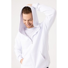 Gothamvibes Erkek Oversize Fermuarlı Kapüşonlu Beyaz Sweatshirt
