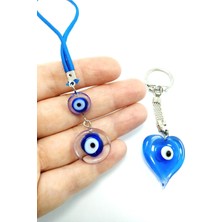 Ennea Art Kalp Cam Nazar Boncuğu Anahtarlık + Iki Boncuklu Araba Dikiz Ayna Süsü El Yapımı Hediyelik Ikili Set