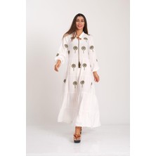 Keyifli Moda Kadın Beyaz Önü ve Kolları Palmiye Nakışlı Eteği Kat Kat Uzun Elbise