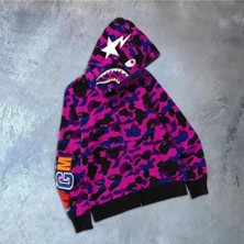 Tarz Yeri Erkek 2 Iplik Bape Kapüşonu Fermuarlı Hırka - Mor