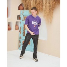 Erkek Nakış Işlemeli Ribanalı Oversize T-Shirt - Mor