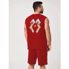Tarz Yeri Erkek Sırt Baskılı Sıfır Kol Ikili Şort Takım - Kırmızı