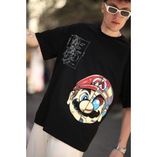 Özel Marka Erkek Mario Baskılı Oversize T-Shirt - Siyah