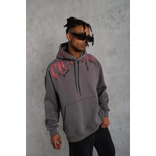 Tarz Yeri Erkek Ön ve Arka Baskılı Kapüşonlu 3 Iplik Sweatshirt - Füme