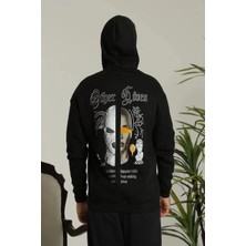 Tarz Yeri Erkek Sırt Baskılı Oversize Üç Iplik Kapüşonlu Sweatshirt - Siyah