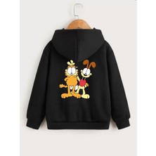 Tarz Yeri Çocuk Unisex Kapüşonlu Ön ve Arka Garfield Baskılı Sweatshirt - Siyah