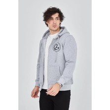 Tarz Yeri Erkek Kapüşonlu Baskılı Fermuarlı Hırka - Gri