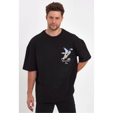 Tarz Yeri Erkek Melek Baskılı Oversize T-Shirt - Siyah