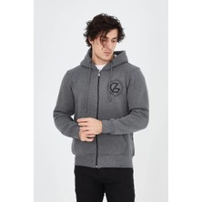 Tarz Yeri Erkek Kapüşonlu Baskılı Fermuarlı Hırka - Füme