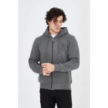 Tarz Yeri Erkek Kapüşonlu Düz Fermuarlı Hırka - Füme