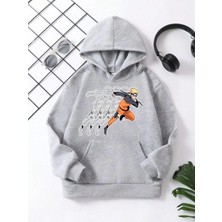 Tarz Yeri Çocuk Unisex Kapüşonlu Naruto Baskılı Pamuklu Sweatshirt - Gri