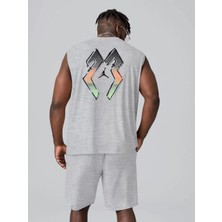 Tarz Yeri Erkek Sırt Baskılı Sıfır Kol Ikili Şort Takım - Gri