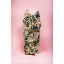 Pistore Büyük Sarı Yeşil Monstera Desenli Uzun Pareo Saten Kadın Plaj Elbisesi Yeni Sezon