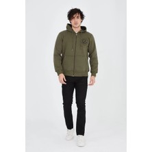 Tarz Yeri Erkek Kapüşonlu Baskılı Fermuarlı Hırka - Yeşil