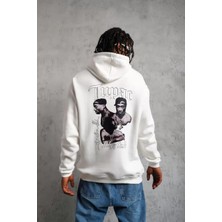 Tarz Yeri Erkek Kol ve Etek Ribana Baskılı Kapüşonlu Sweat - Beyaz