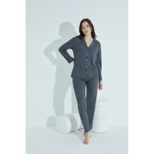 Elitol Kadın Düğmeli Deseni Pijama Takımı Gömlek Yaka 985