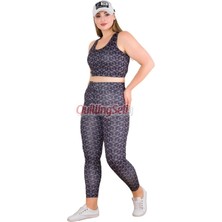 Quilling Siyah Ve Desenli Lady 1509 Desenli Kadın Büyük Beden Tayt Büstiyer Spor Takım