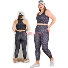 Quilling Siyah Ve Desenli Lady 1509 Desenli Kadın Büyük Beden Tayt Büstiyer Spor Takım