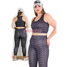 Quilling Siyah Ve Desenli Lady 1509 Desenli Kadın Büyük Beden Tayt Büstiyer Spor Takım
