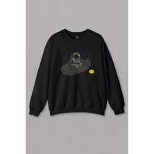 So Cool Unisex Siyah Sweatshirt Bilim Astronot Sandal Uzay Cosmos Galaksi Galaxy Baskılı Sweat
