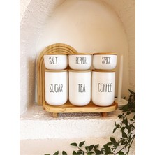 Kai Home 3 Lü Bambu Kapaklı Ahşap Ayaklı Altlıklı Çay/Kahve/Şeker Ve 3 Lü Bambu Kapaklı