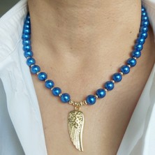 Devi Fashion Altın Kaplama Melek Kanatlı Özel Tasarım Saks Mavisi Incili Modern Kolye