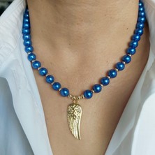 Devi Fashion Altın Kaplama Melek Kanatlı Özel Tasarım Saks Mavisi Incili Modern Kolye