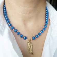 Devi Fashion Altın Kaplama Melek Kanatlı Özel Tasarım Saks Mavisi Incili Modern Kolye