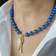 Devi Fashion Altın Kaplama Melek Kanatlı Özel Tasarım Saks Mavisi Incili Modern Kolye