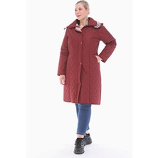 Vetre Kadın Büyük Beden Ekose 105 Cm Mevsimlik Bordo Kapitone Mont 1044