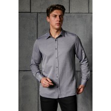 Akşahin Collection GRİ PAMUKLU SLİM FİT DÖRT MEVSİM HEDİYE KUTULU UZUN KOLLU ERKEK GÖMLEK