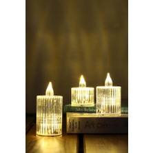 ByKurt 3lü Kristal Desenli LED Mum Seti Pilli Dumansız Alevli Ledli Dekoratif Yapay Mum