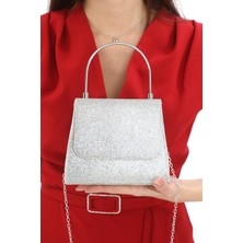 Womenacs Gümüş Renk Full Taşlı Zincir Askılı Şık Yeni Sezon Kadın Abiye Porföy Düğün Clutch Çanta