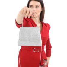 Womenacs Gümüş Renk Full Taşlı Zincir Askılı Şık Yeni Sezon Kadın Abiye Porföy Düğün Clutch Çanta