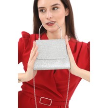 Womenacs Gümüş Renk Full Taşlı Zincir Askılı Şık Yeni Sezon Kadın Abiye Porföy Düğün Clutch Çanta