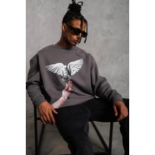 TeksAs Giyim Erkek Güvercin Baskılı Sweatshirt - Gri