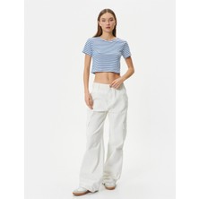 Koton 4SAL10210IK 7s0 Lacivert Çizgili Genç Kız Viskoz Jersey Kısa Kollu Basıc T-Shirt