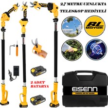 Eisenn Germany Yellow Series 2400 Vf 20 Ah 2 Blue Series Akülü Ağaç Dal Kesme Bağ Budama Makası + 2.7 mt Teleskop Hediyeli