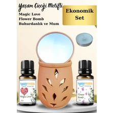 Happymodds Yaşam Çiçeği Motifli Buhurdanlık, Mum ve Magic, Flower Bomb Esansiyel Uçucu Yağ 10 ml